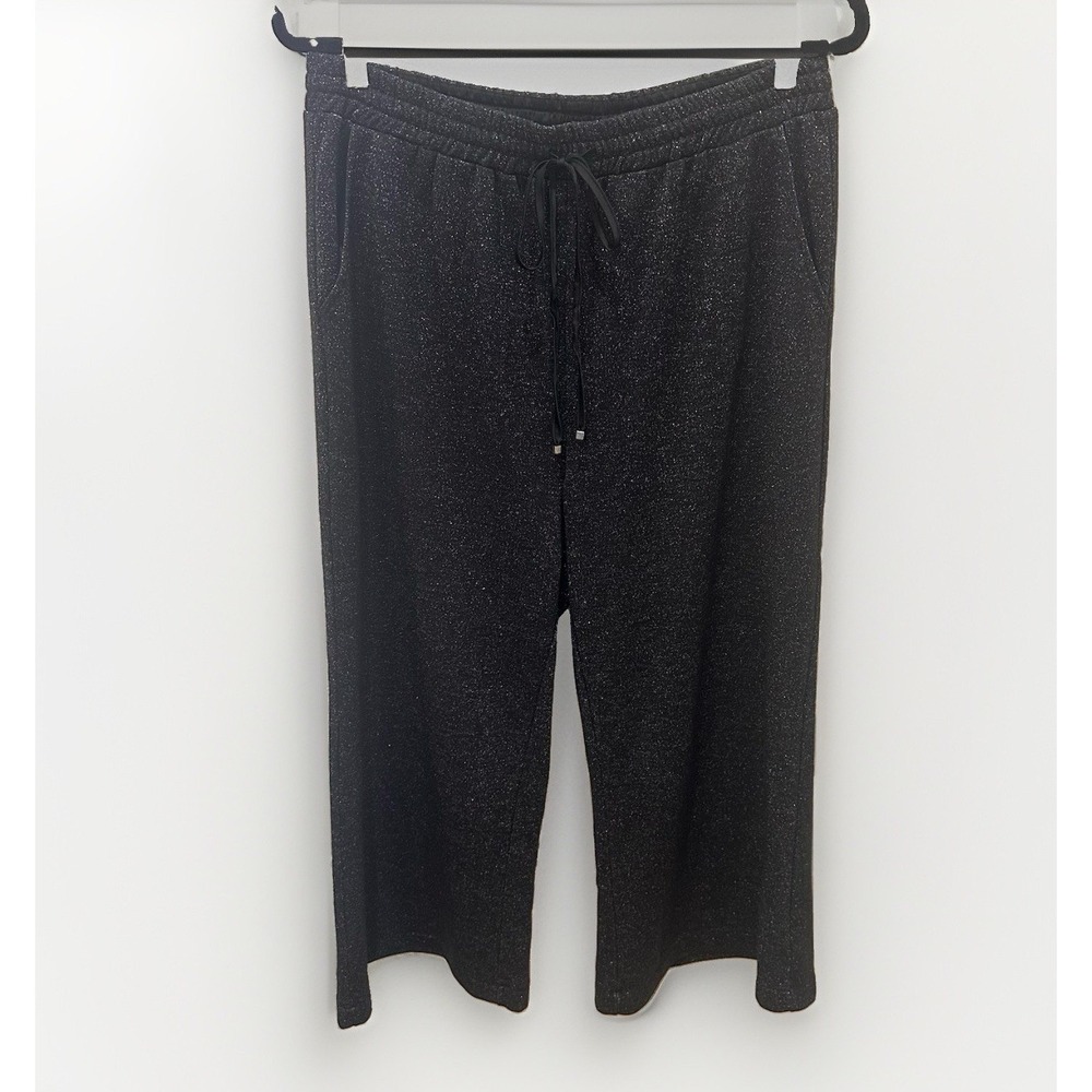 Milly Ramona Black Metallic French Jersey Drawstring Pants L Wide‎ Leg Crop